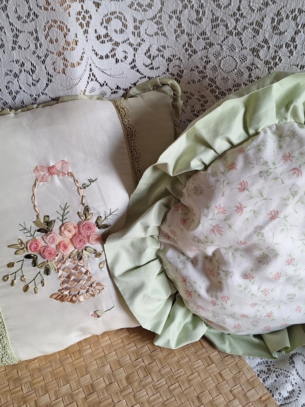 Embroidered Rose Basket Accent Pillow in Pink and Cream